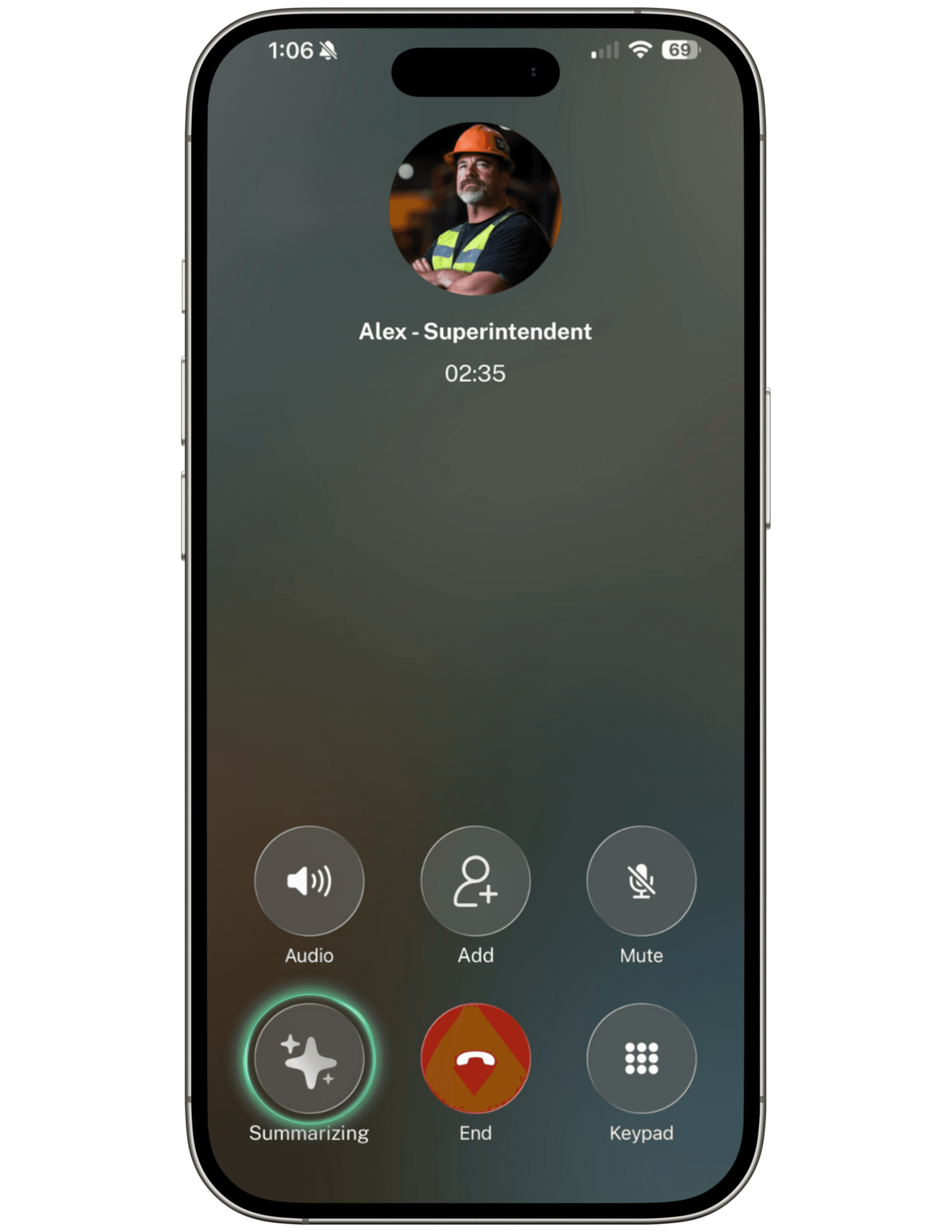 Hardline call screen showing live AI summarization